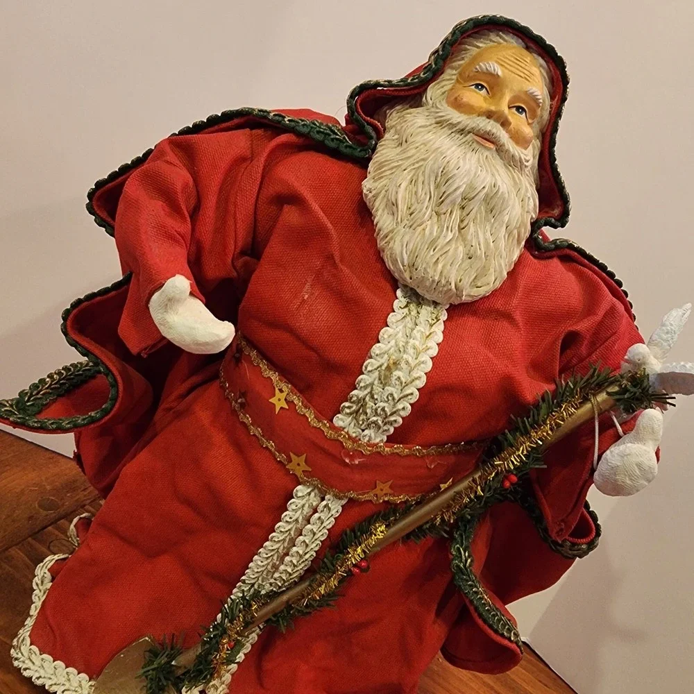 Vintage Grandeur Noel Santa Fabric Mache Red‎ Cloak Tree Shovel Tabletop 14
